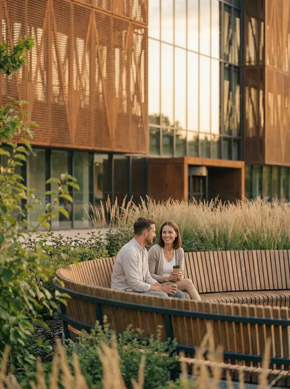 People relaxing on circular benches near a community center.
