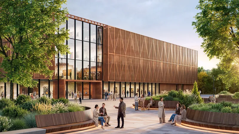 Angled view of a community center and outdoor seating area.
