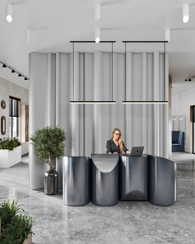 Modern office reception desk, frontal perspective.