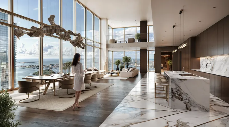 Open-plan neoclassical living room and kitchen, with a woman walking towards the coffee station.