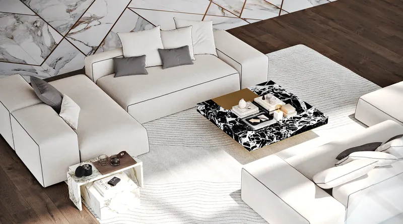 Overhead view of a luxurious living room sofa arrangement in a neoclassical interior.