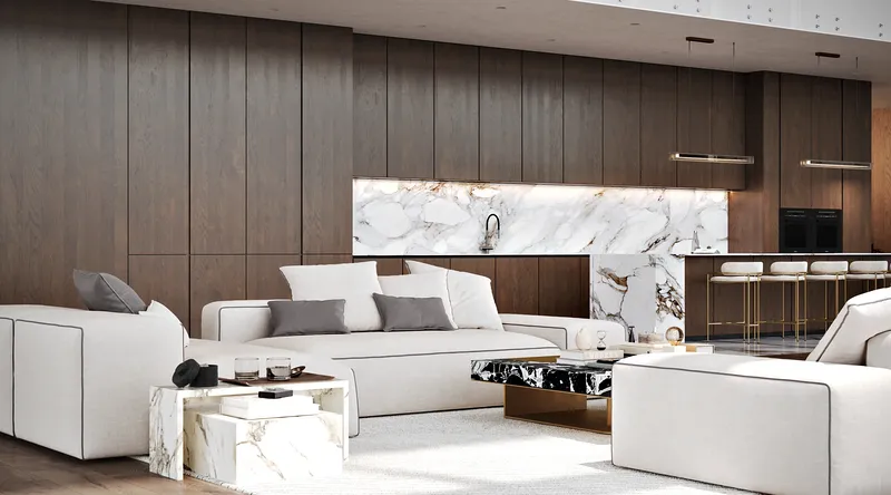 Wide view of an open-plan living room, showing the sofa area and adjacent modern kitchen.