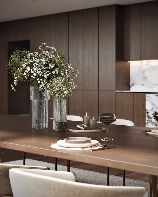 Close-up view of an elegant table setting in the formal dining area.