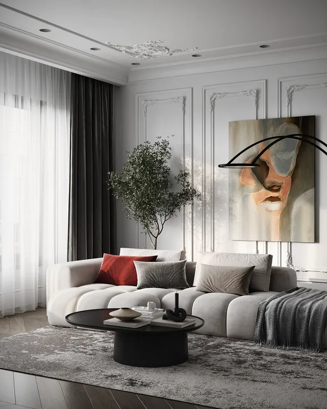 Bright neoclassical interior filled with natural sunlight on a clear day.