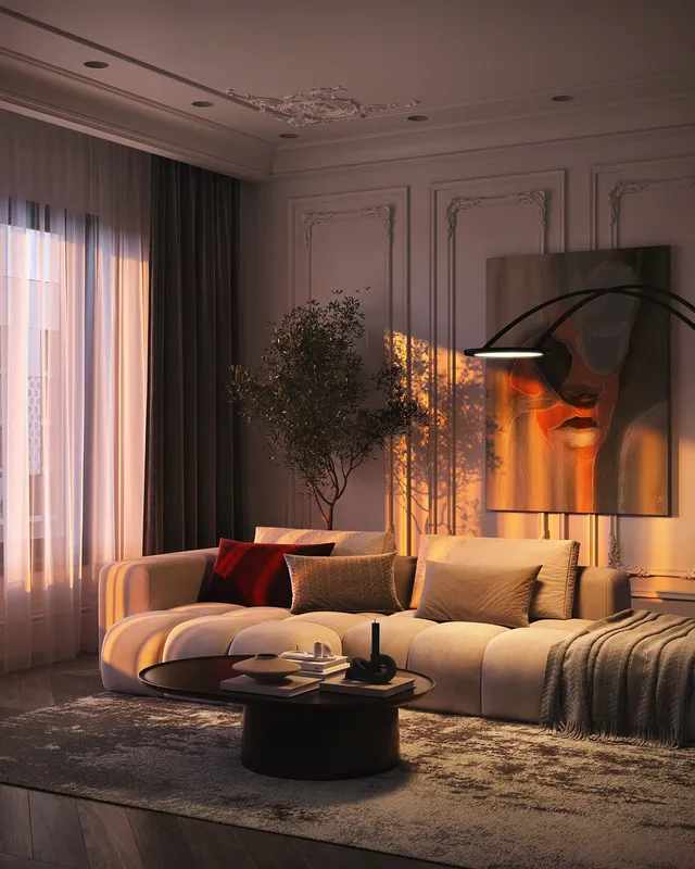 Neoclassical interior during golden hour, filled with warm sunset light and casting long shadows.