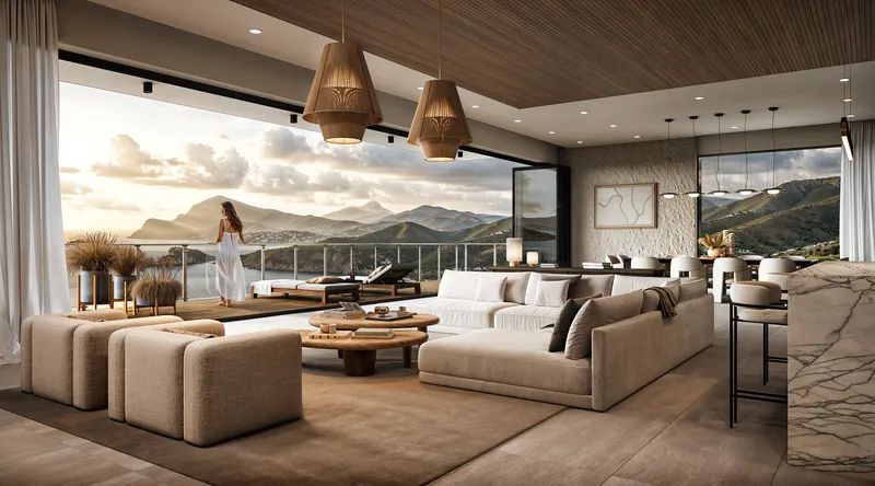 Serene living room opening onto a terrace, with a woman greeting the dawn.