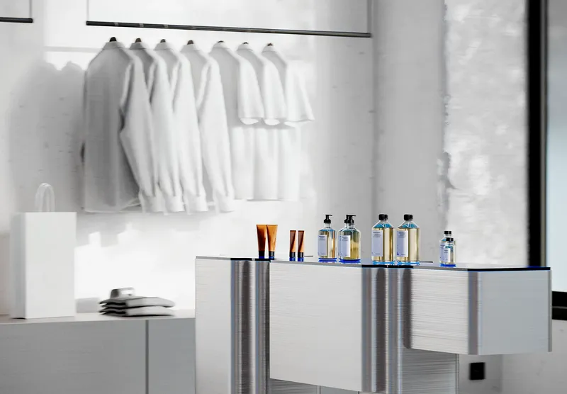Eye-level view of a sleek retail display for cosmetic products.