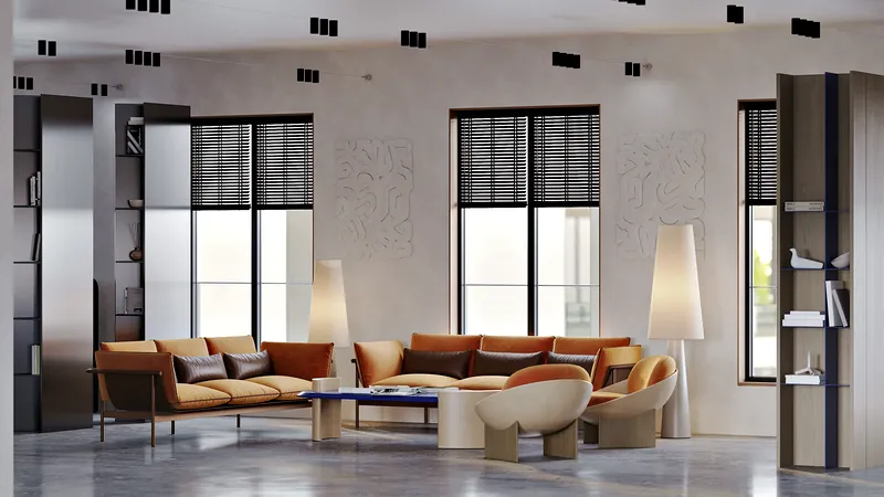 Comfortable sofa grouping in a library common area, ideal for group study or relaxation.