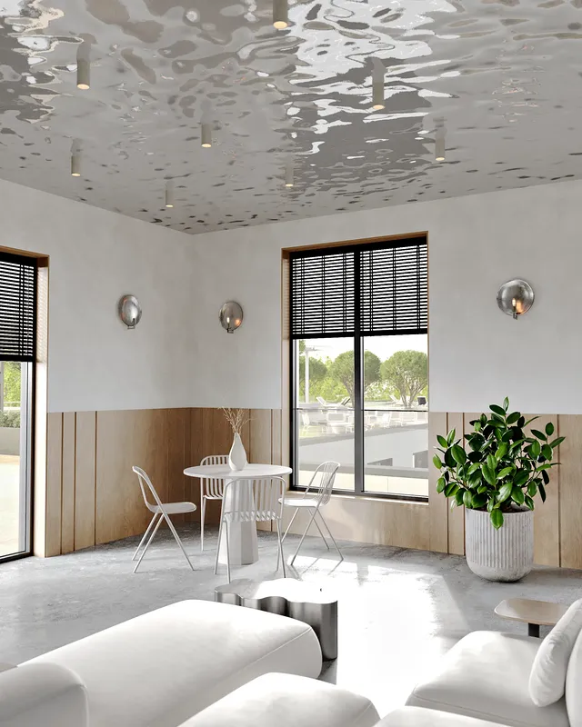 Sunlit dining table for four, positioned by a large window in a cafe.