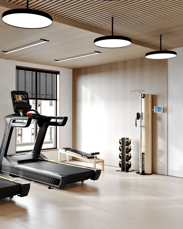 Gym cardio area with a row of treadmills and a back and arms training machine.