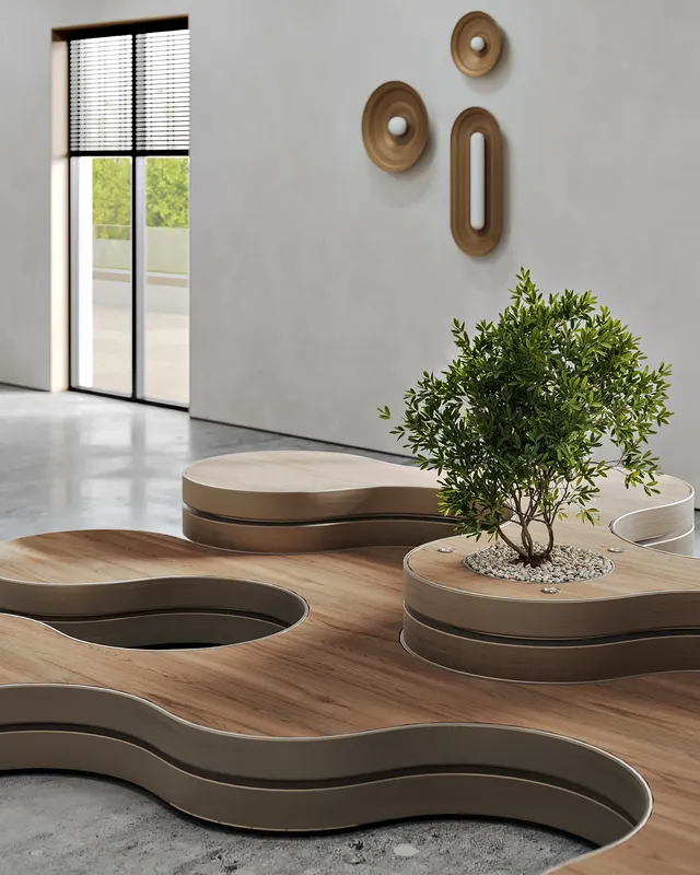 Modern hall with custom-built wooden bench seating in the waiting area.