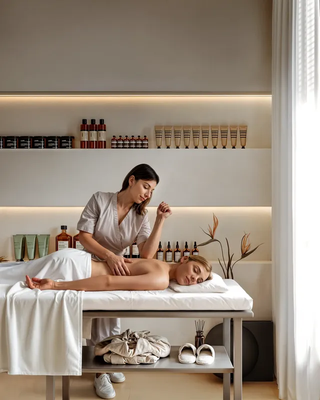 Woman receiving a relaxing massage in a professional spa treatment room.