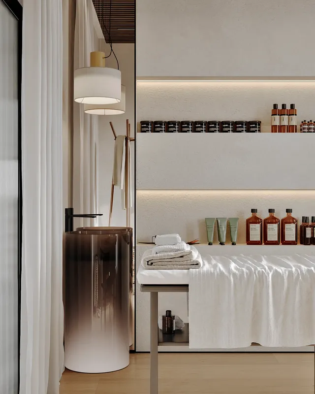 Spa treatment room, showing the hand-washing station with a sink and product shelves.