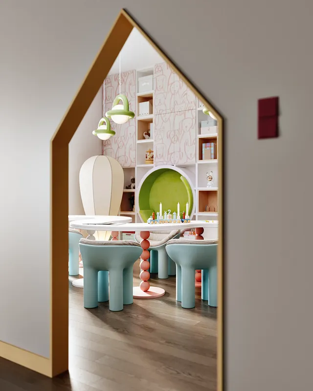 Bright, modern children's workshop classroom with colorful desks and creative supplies for learning activities.