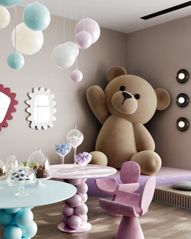 Children's party room showing colorful tables set with sweets, cakes, and toys for a celebration.