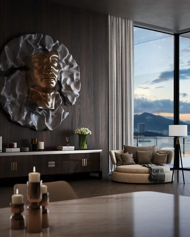 Cozy reading nook by a penthouse window, featuring a modern armchair, a sleek sideboard, and a textured wall panel.