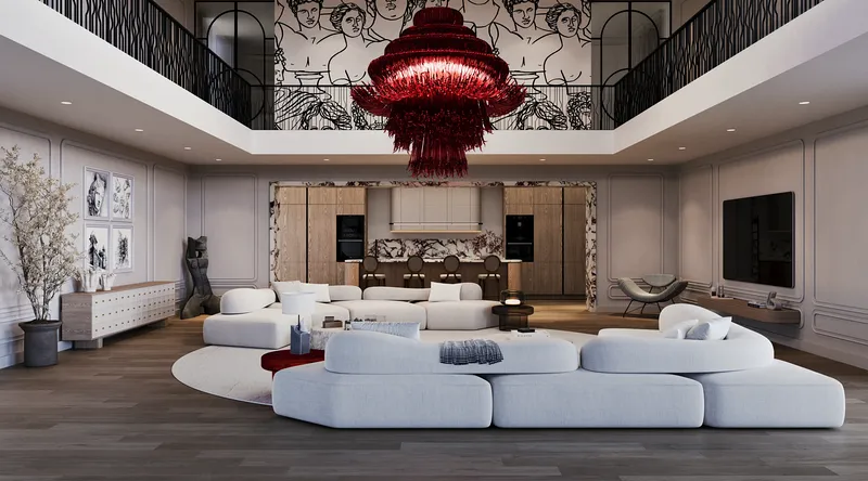 Expansive modern living room and kitchen view, highlighting seamless marble details and elegant design.