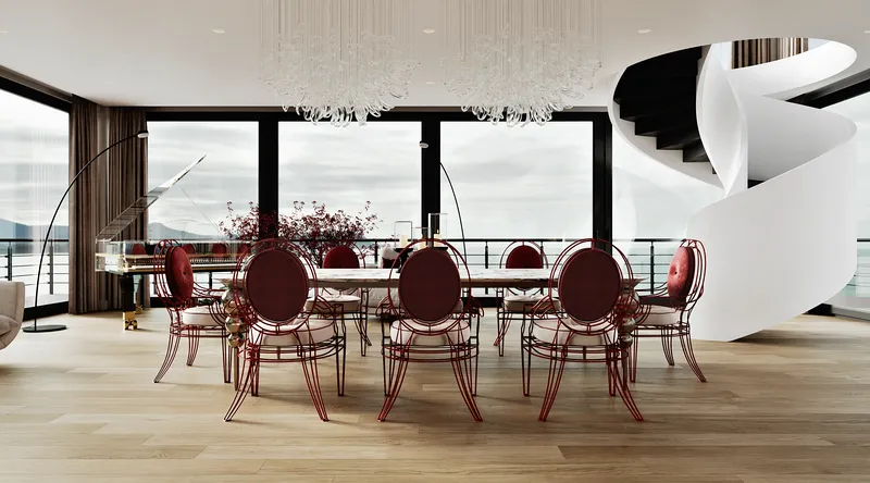 Elegant dining area with a grand piano and a view of the modern staircase to the second level.