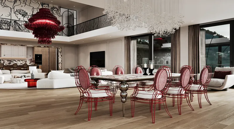 Open-plan living space showing the dining area, TV zone, and glimpses of the kitchen and upper floor.