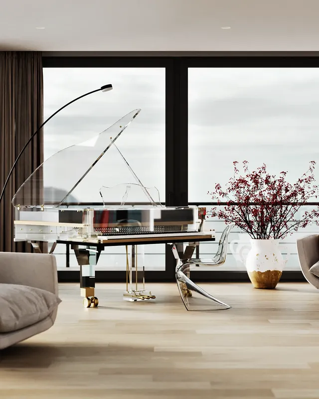 Close-up shot of an elegant grand piano, highlighting its polished finish in a luxury interior.