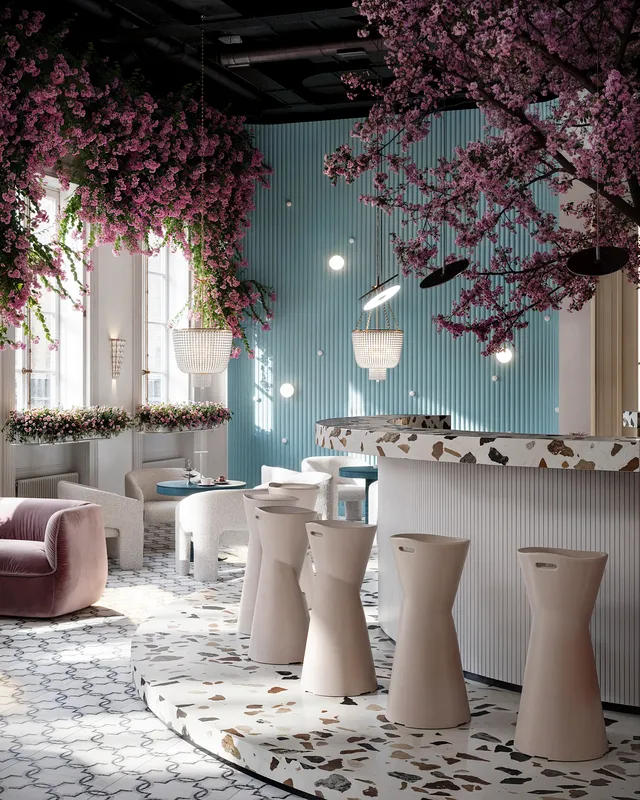 Row of modern bar stools providing solo seating at a sleek counter in the Sakura Serenity Cafe.