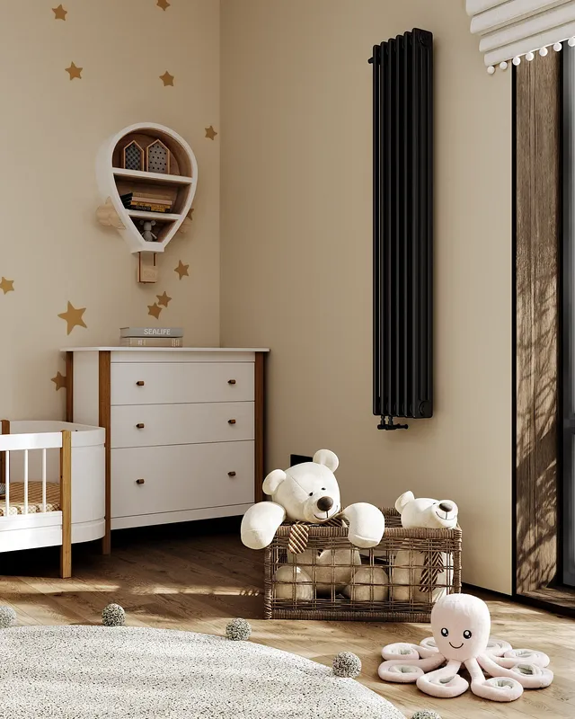 Detail of a light wood dresser and neatly arranged toys in a calming Japandi child's room.