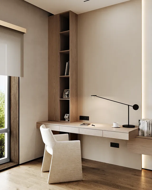 Minimalist Japandi home office space with a sleek wooden desk and simple, functional decor.
