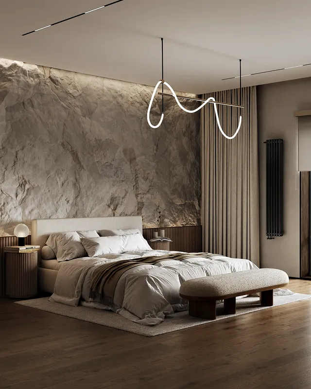 Corner view of the minimalist Japandi master bedroom, focusing on the serene bed and textiles.