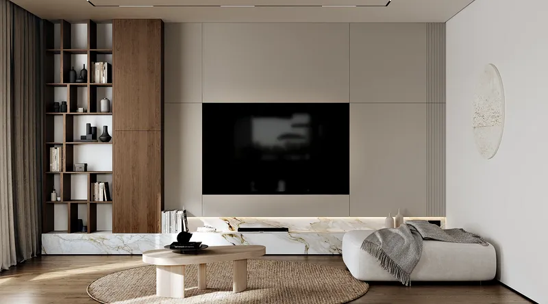 Serene Japandi living room featuring a minimalist TV console and integrated wooden wall panels.