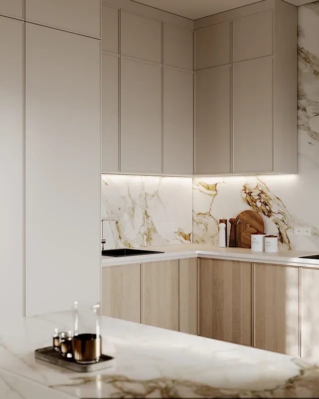 Corner view of the Japandi kitchen, highlighting light wood cabinetry and a clean prep area.