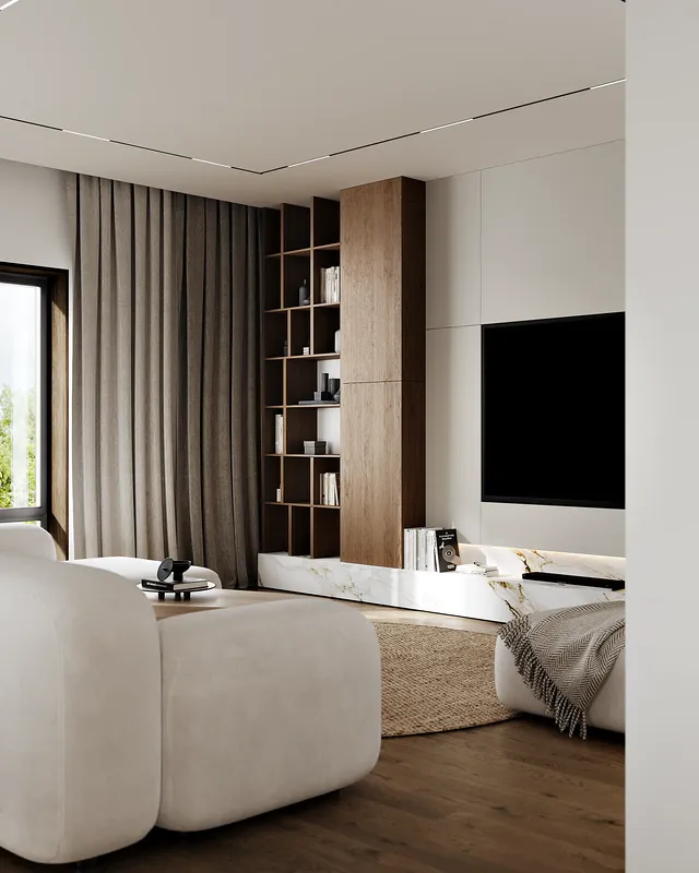 Detail of the custom built-in shelving and media unit in the Japandi-style living room.