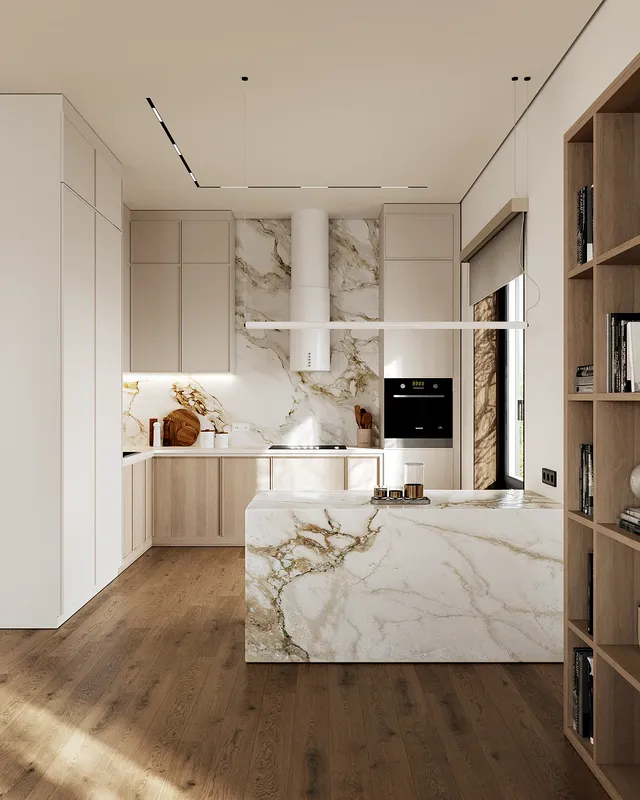 Wide view of the bright, minimalist Japandi kitchen, showing the island and sleek cabinetry.