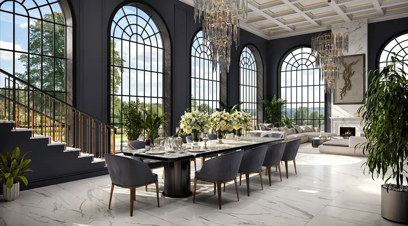 Luxurious dining area in a classic villa, showing large windows, a grand staircase, and a fireplace.
