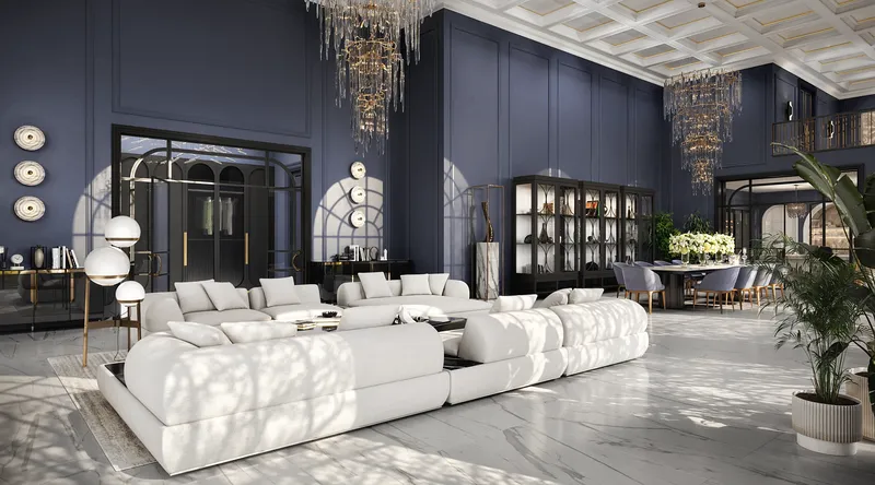 Open view of a classic villa's living and dining areas, with kitchen and hallway access.