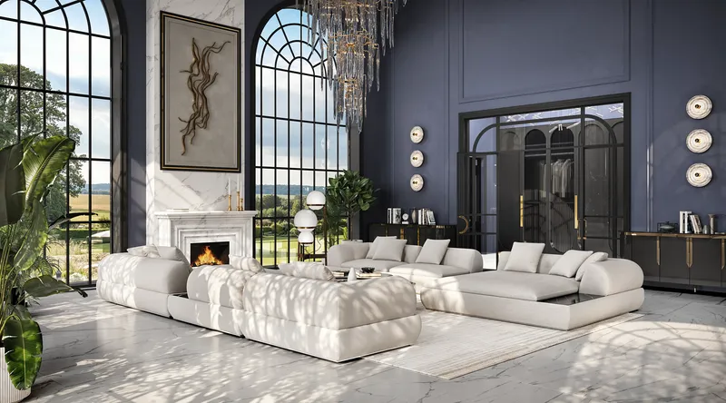 Sophisticated classic living room featuring a plush sofa group, elegant fireplace, and hallway entrance.