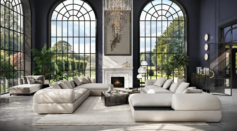 Classic living room with a cozy armchair and ottoman reading nook by a large window.
