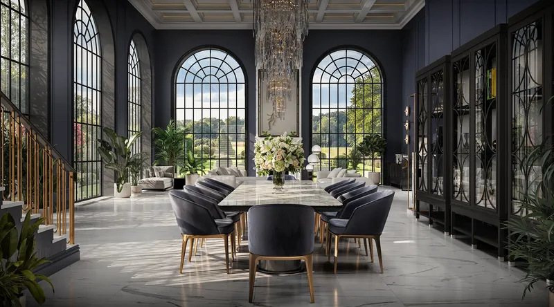 View from the kitchen entrance overlooking the classic dining room, living area, and grand staircase.