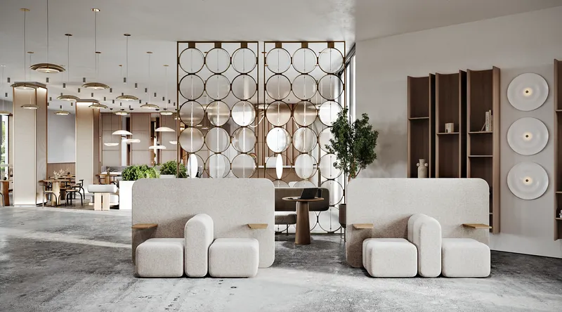 Entrance lobby waiting area with a wall shelf, set behind the main reception and cafe space.