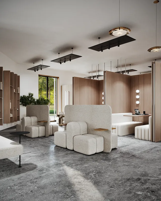 Lobby entrance view combining a waiting area with semi-private, wood-partitioned meeting pods.