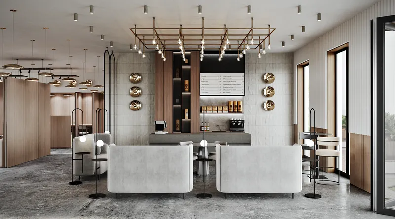 Frontal view of the modern cafe, showing the sleek bar and dining tables with high-back seating.