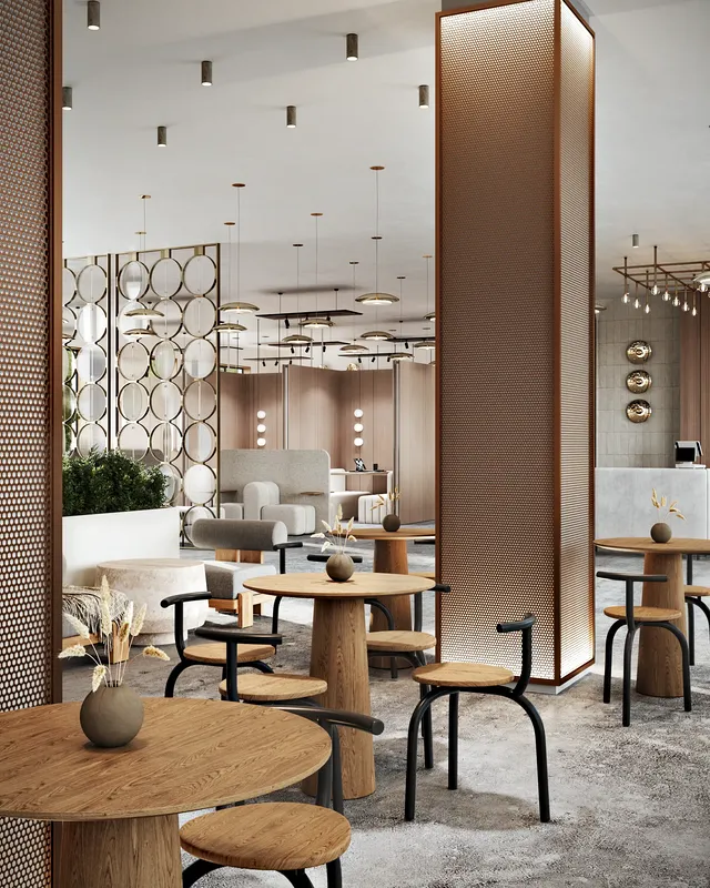 View from the cafe over the multi-functional lobby, showing the entrance lounge and meeting pods.