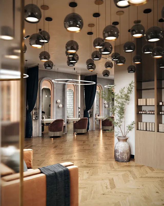 Wide view from the waiting lounge looking towards the bright, modern hairstylist stations.