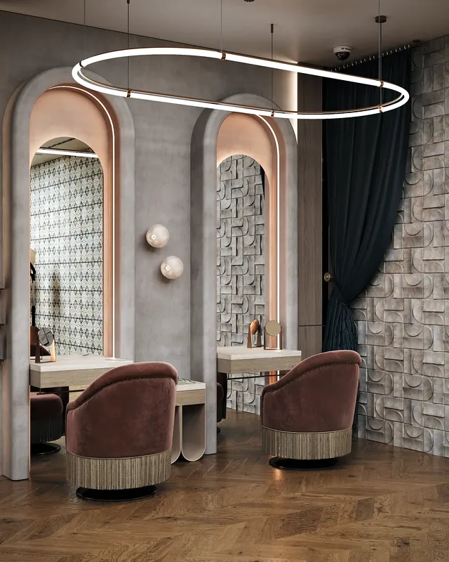 Clean, modern hairstylist stations with large mirrors, comfortable chairs, and professional lighting.