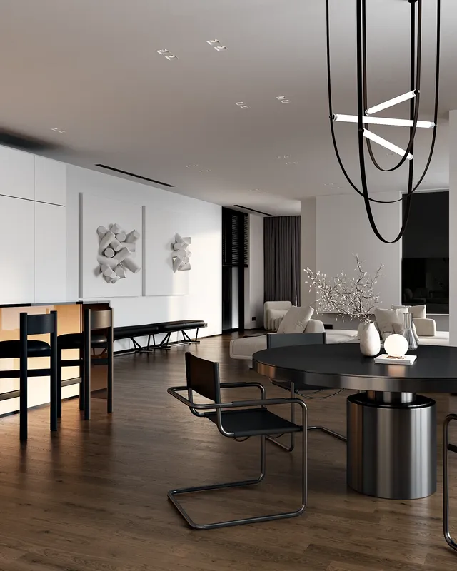 View from the dining table towards textured decorative wall panels in the modern living room.