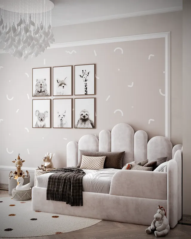 Cozy sleeping area in a bright, modern children's bedroom with a house-frame bed.