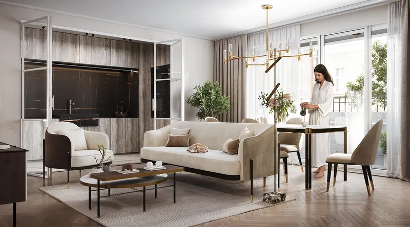 Open-plan living area with a woman pouring coffee in the sleek, modern kitchen.