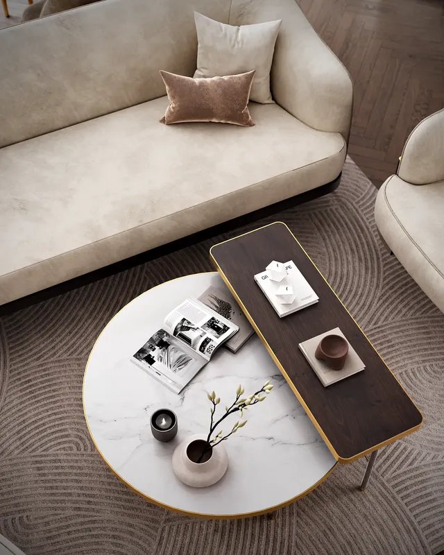 Close-up of a pair of modern, minimalist nested coffee tables in the living room.