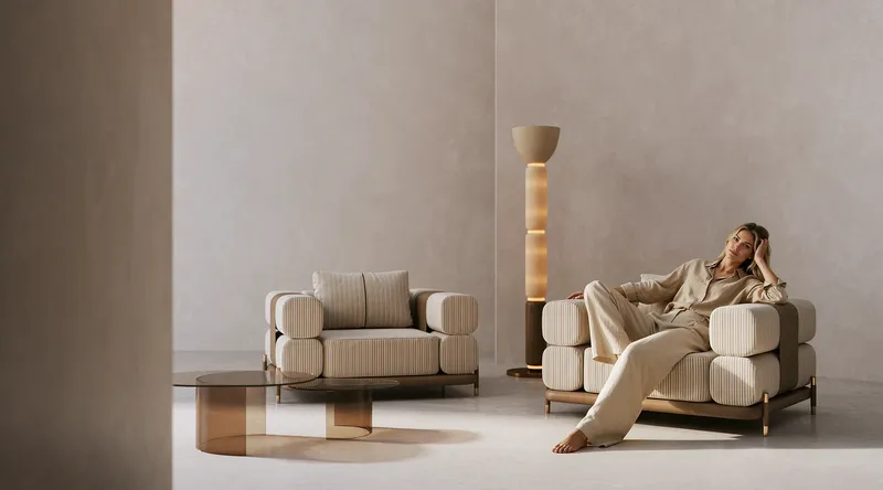 Frontal view of two modern armchairs, with a woman sitting comfortably in one.