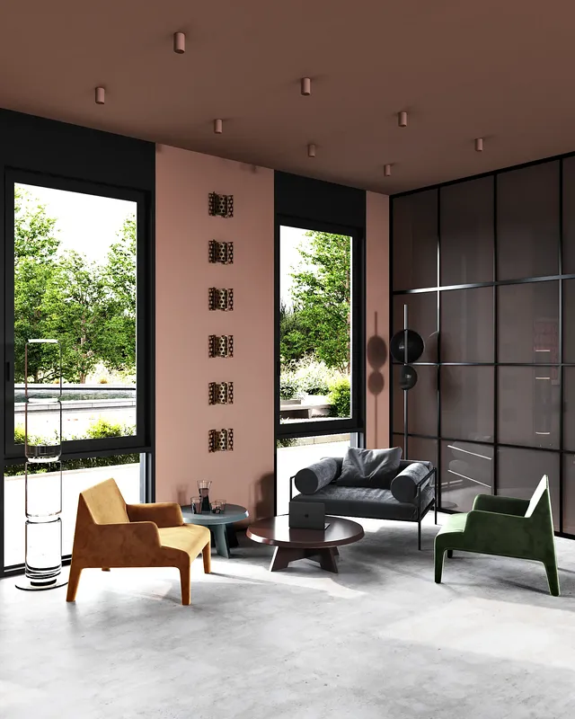 Bright window seating zone with armchairs and coffee table