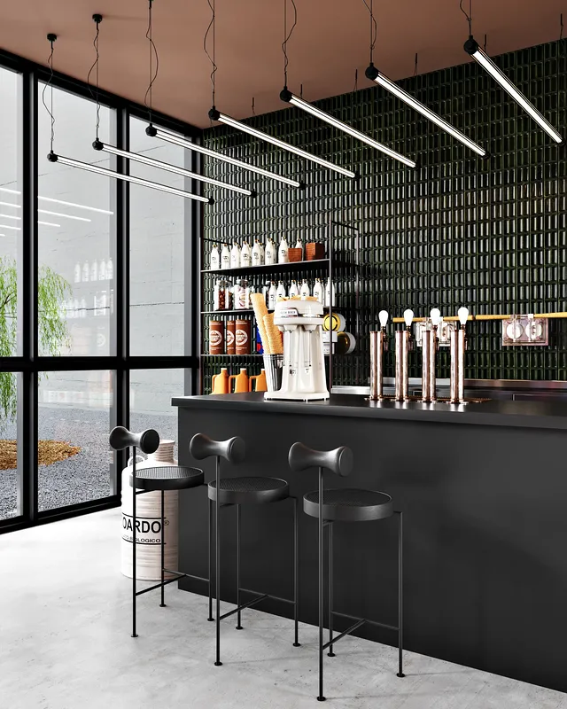 Modern cafe interior showing bar counter seating layout